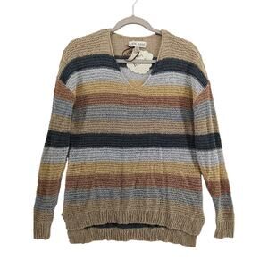 Knox Rose Striped Sweater XS Light Brown VNeck Open Knit Oversize Loose Bohemian